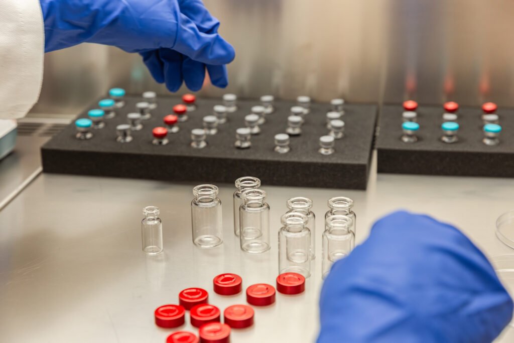 Test set trays filled with vials and colour-coded closures